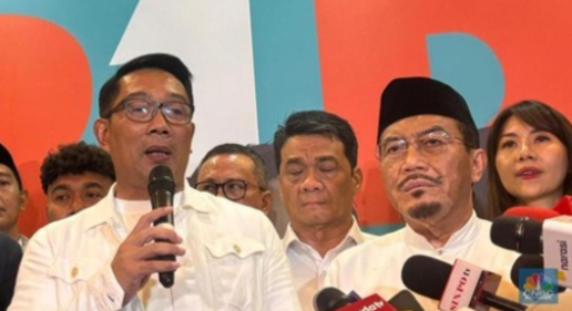 Pasangan Calon Gubernur dan Wakil Gubernur DKI Jakarta nomor urut 1 Ridwan Kamil - Suswono (RIDO) memberikan keterangan kepada media di Hotel Sultan, Jakarta (.cnbc)