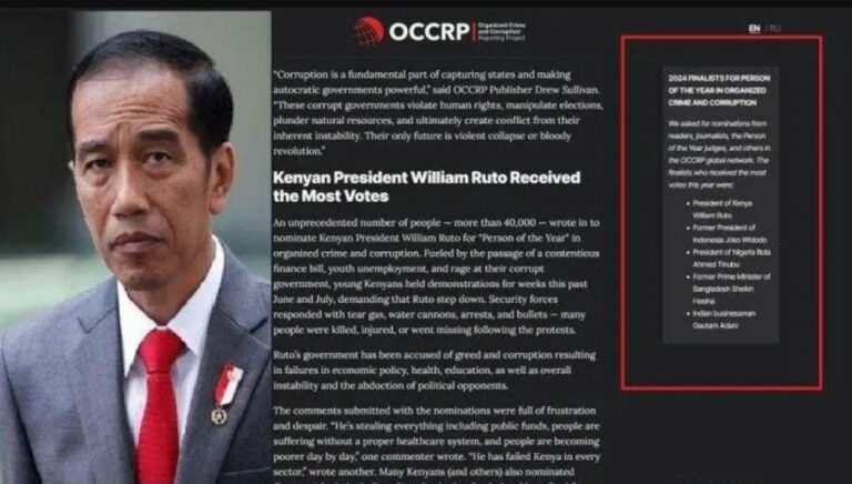 Nama Joko Widodo (Jokowi) masih masuk dalam daftar finalis tokoh terkorup 2024 versi OCCRP. Sebelumnya sempat tak ditemukan