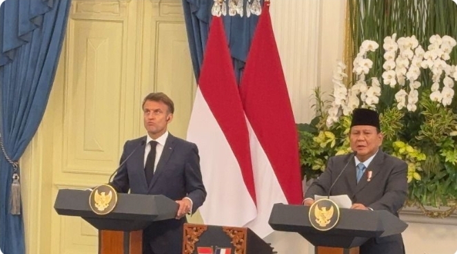 Presiden RI Prabowo Subianto saat memberikan keterangan pers bersama Presiden Prancis Emmanuel Macron
