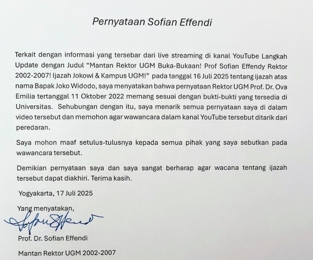 Surat pernyataan mantan Rektor Universitas Gadjah Mada (UGM) Profesor Sofian Effendi.