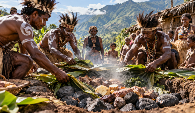 Masyarakat Papua memasak makanan dengan batu panas